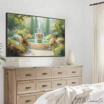 Colorful Flower Garden Fountain Frame TV Art displayed on a TV