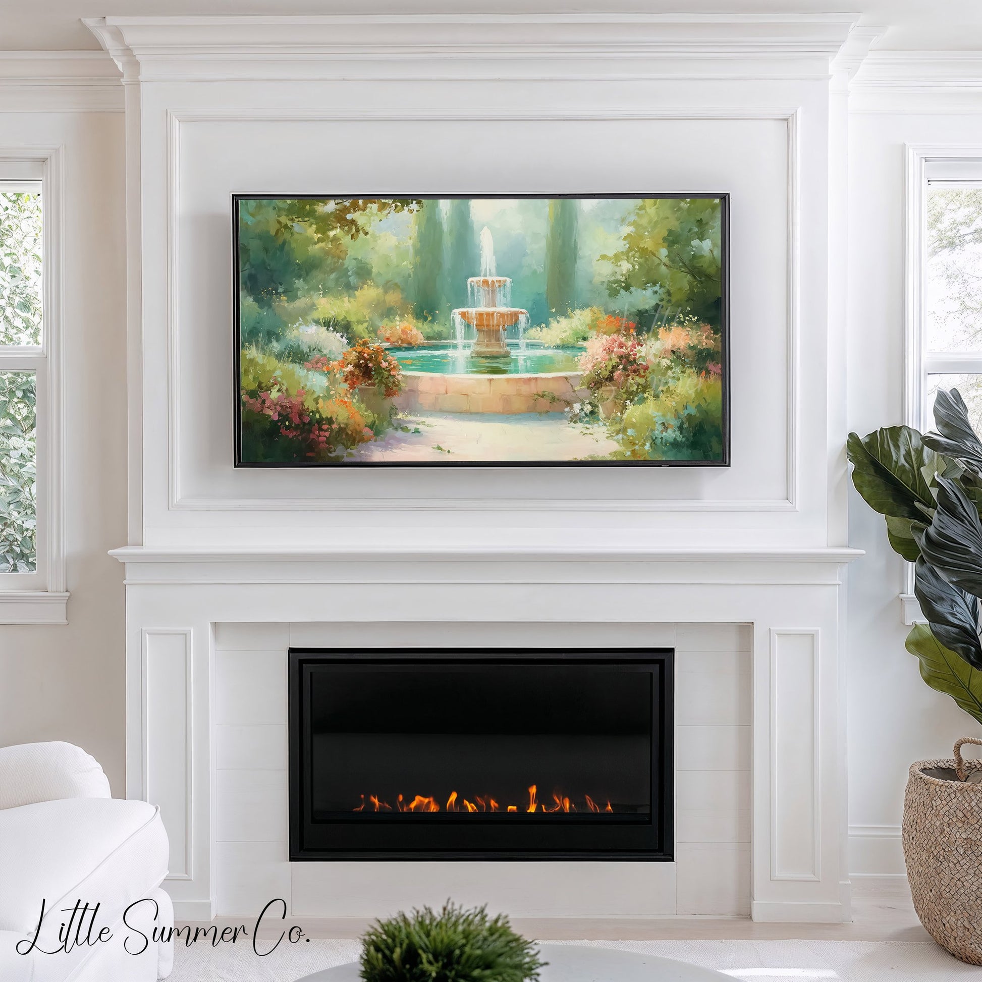 Colorful Flower Garden Fountain Frame TV Art displayed on a TV