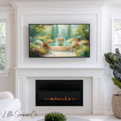 Colorful Flower Garden Fountain Frame TV Art displayed on a TV