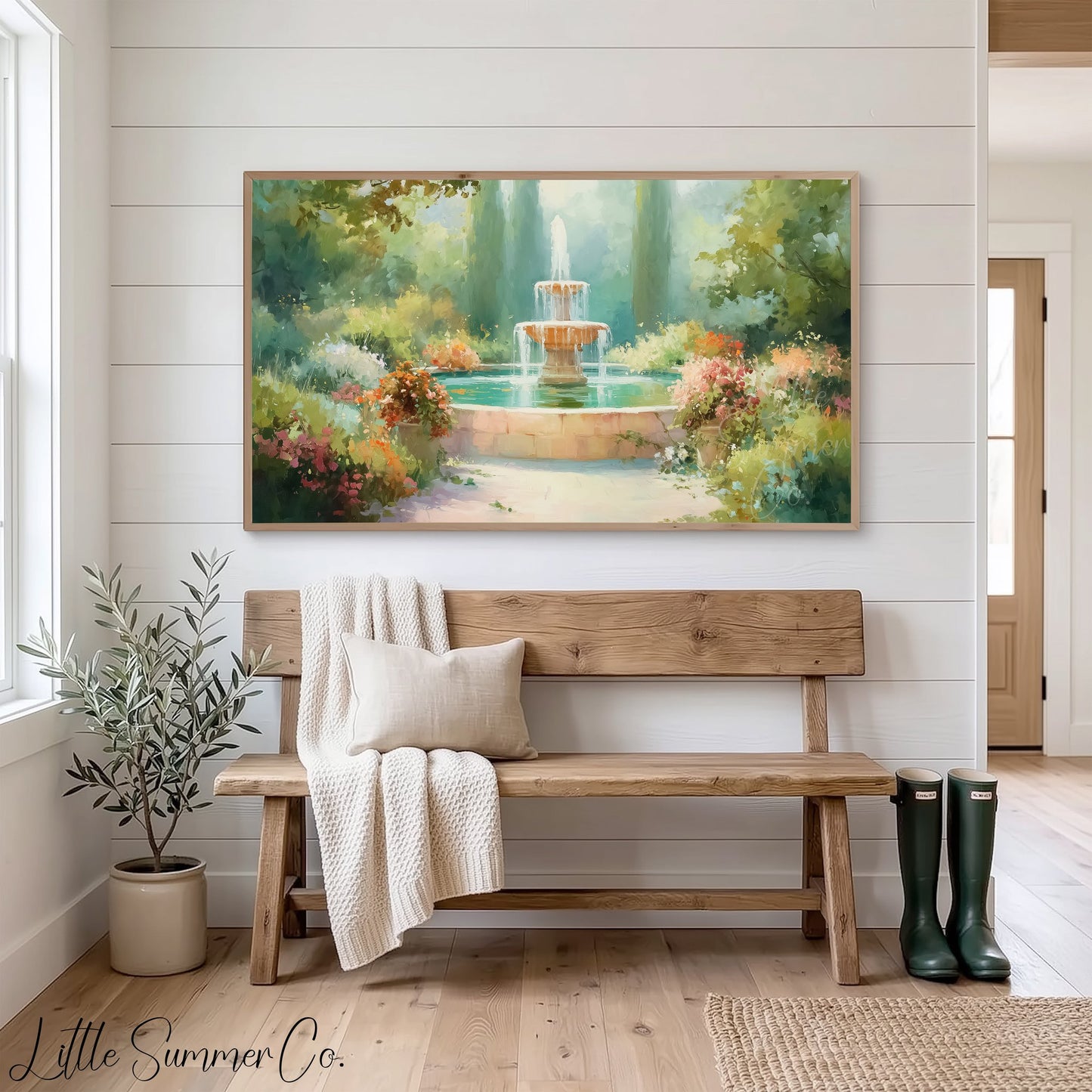 Colorful Flower Garden Fountain Frame TV Art displayed on a TV