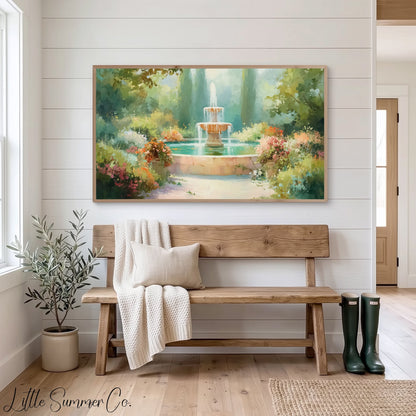 Colorful Flower Garden Fountain Frame TV Art displayed on a TV