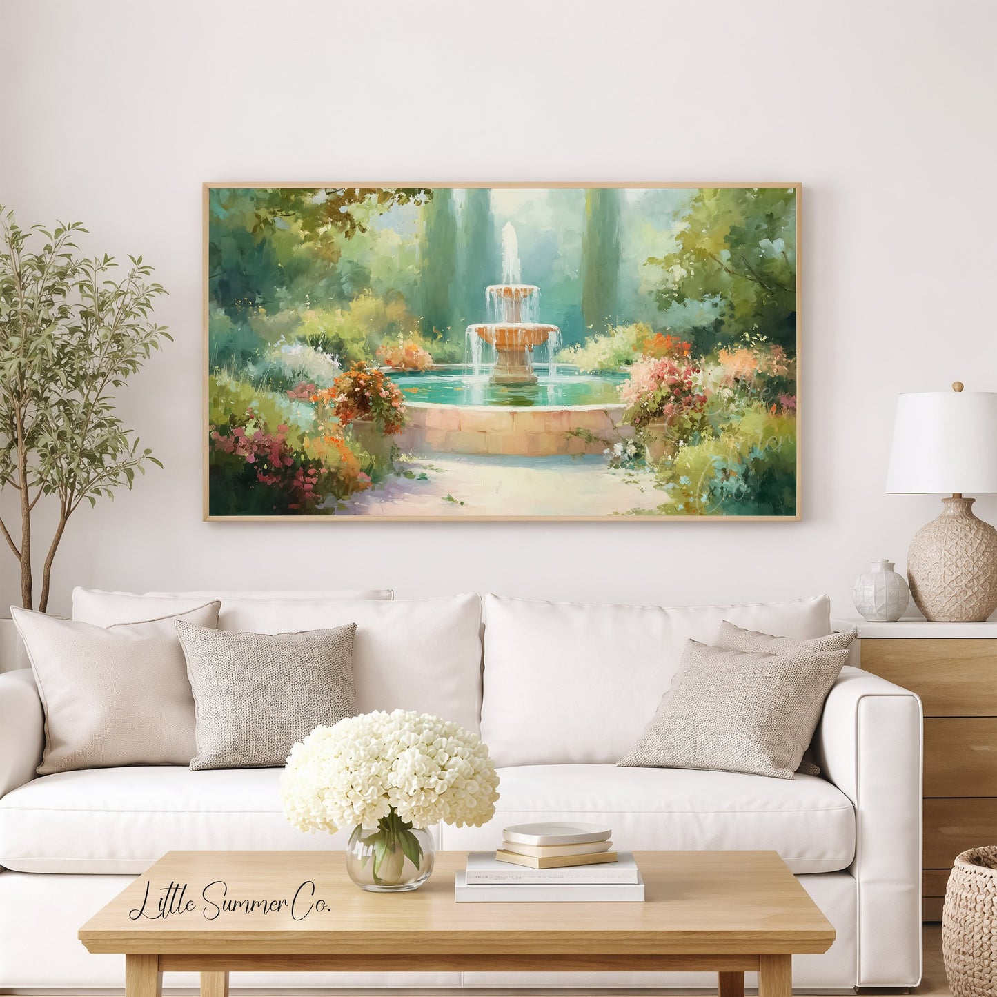 Colorful Flower Garden Fountain Frame TV Art displayed on a TV