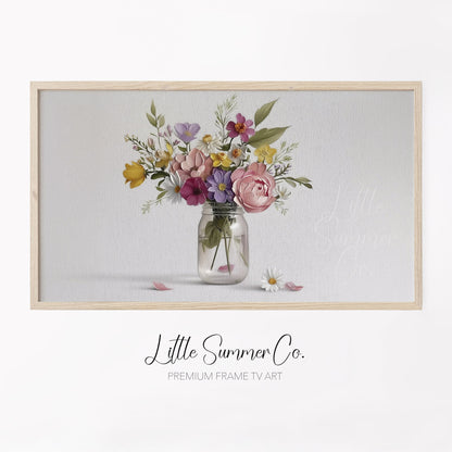 Wildflowers in Mason Jar Frame TV Art displayed on a TV