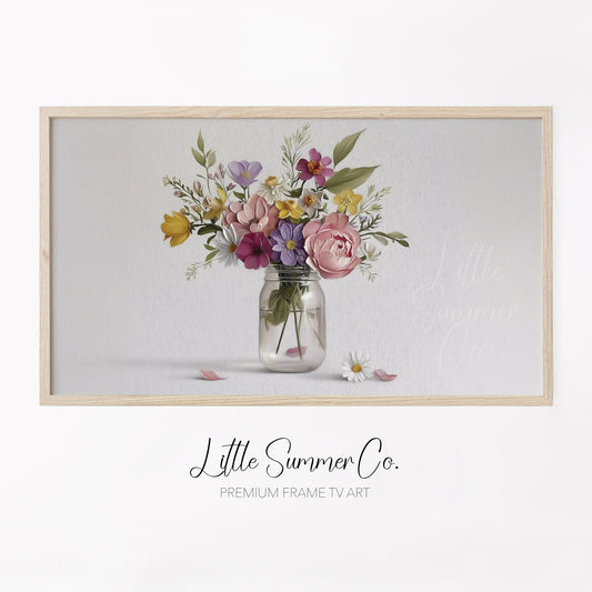 Wildflowers in Mason Jar Frame TV Art displayed on a TV