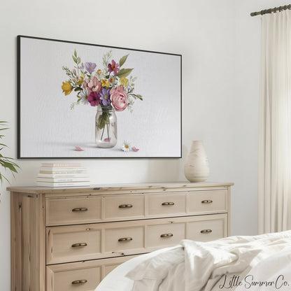 Wildflowers in Mason Jar Frame TV Art displayed on a TV