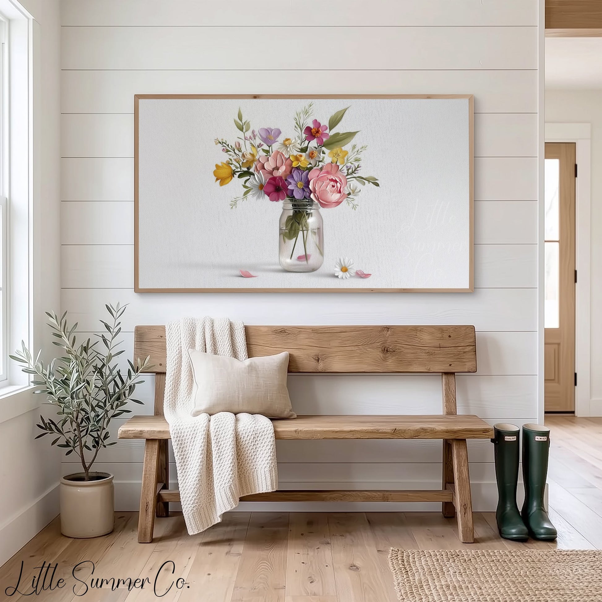Wildflowers in Mason Jar Frame TV Art displayed on a TV
