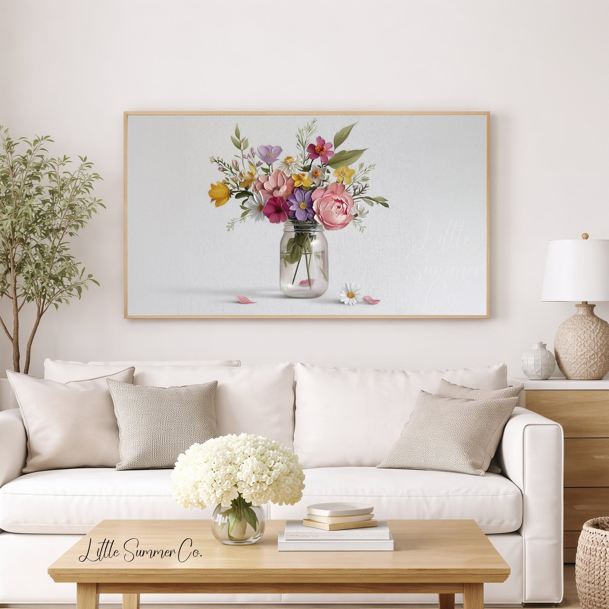 Wildflowers in Mason Jar Frame TV Art displayed on a TV