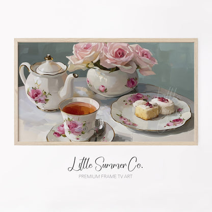 Rose Tea Set Frame TV Art displayed on a TV