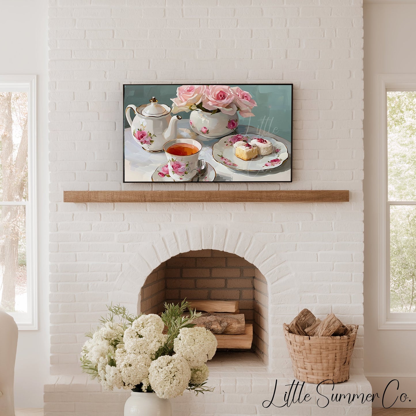 Rose Tea Set Frame TV Art displayed on a TV