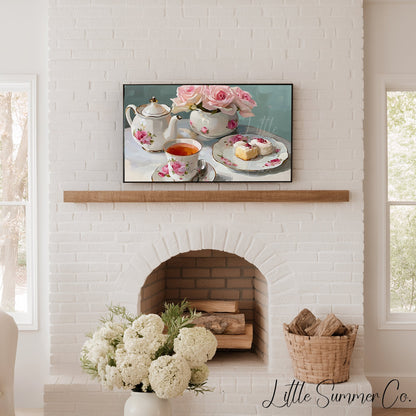 Rose Tea Set Frame TV Art displayed on a TV