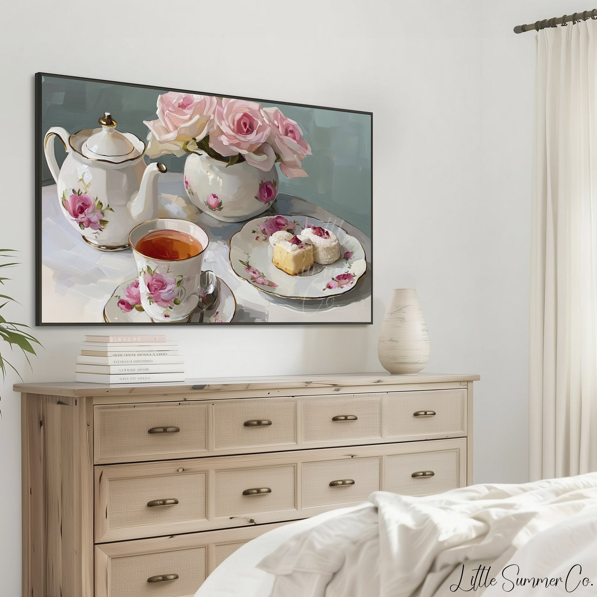 Rose Tea Set Frame TV Art displayed on a TV