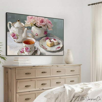 Rose Tea Set Frame TV Art displayed on a TV