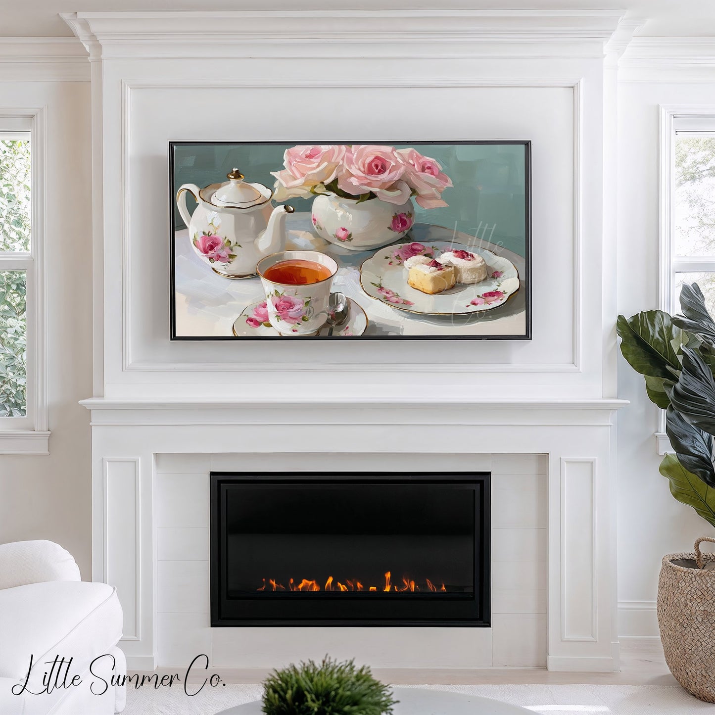 Rose Tea Set Frame TV Art displayed on a TV