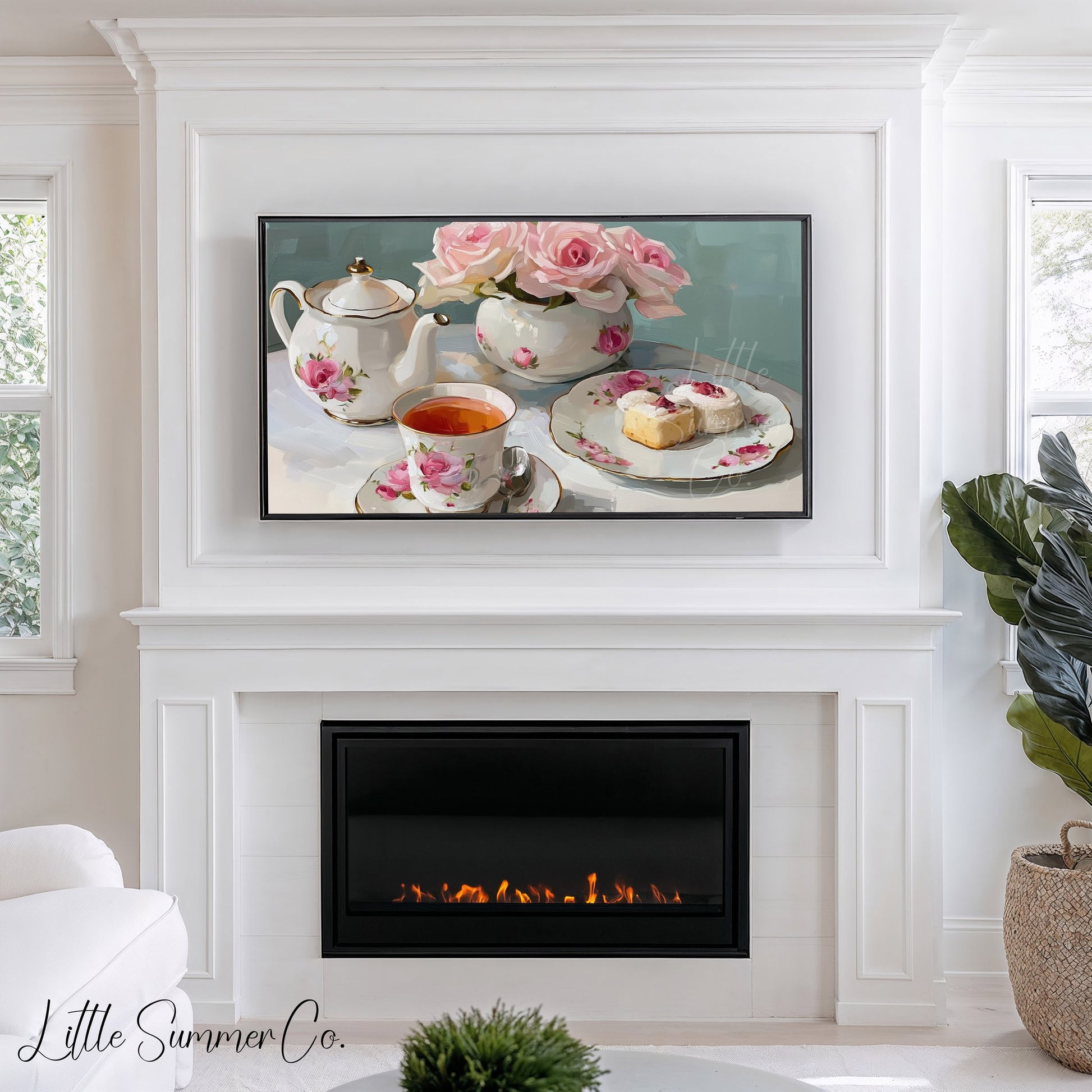 Rose Tea Set Frame TV Art displayed on a TV