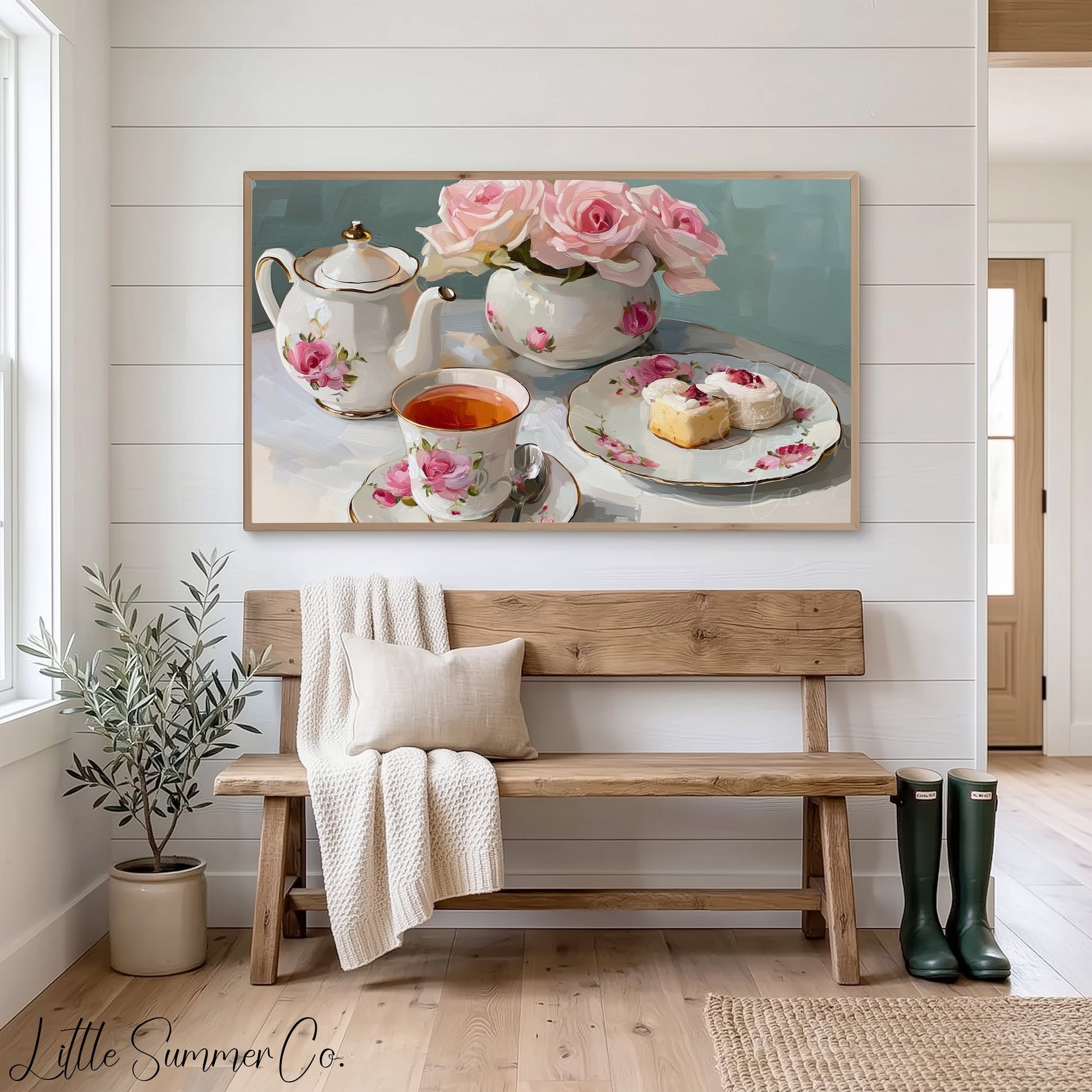 Rose Tea Set Frame TV Art displayed on a TV