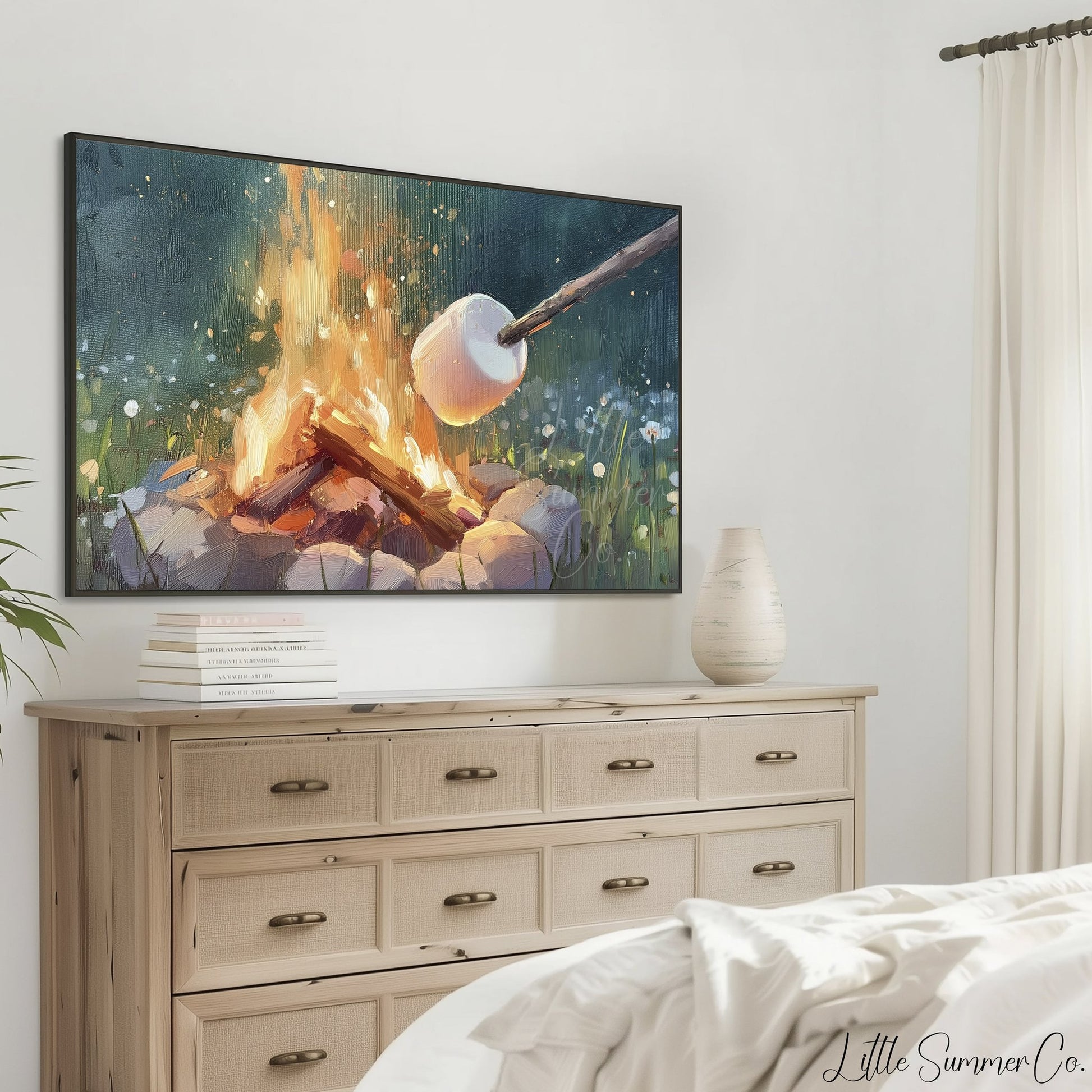 Campfire Marshmallow Toasting Frame TV Art displayed on a TV
