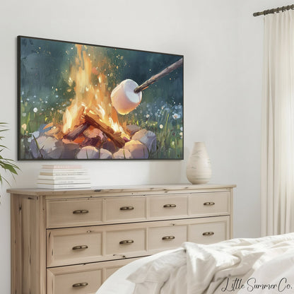 Campfire Marshmallow Toasting Frame TV Art displayed on a TV