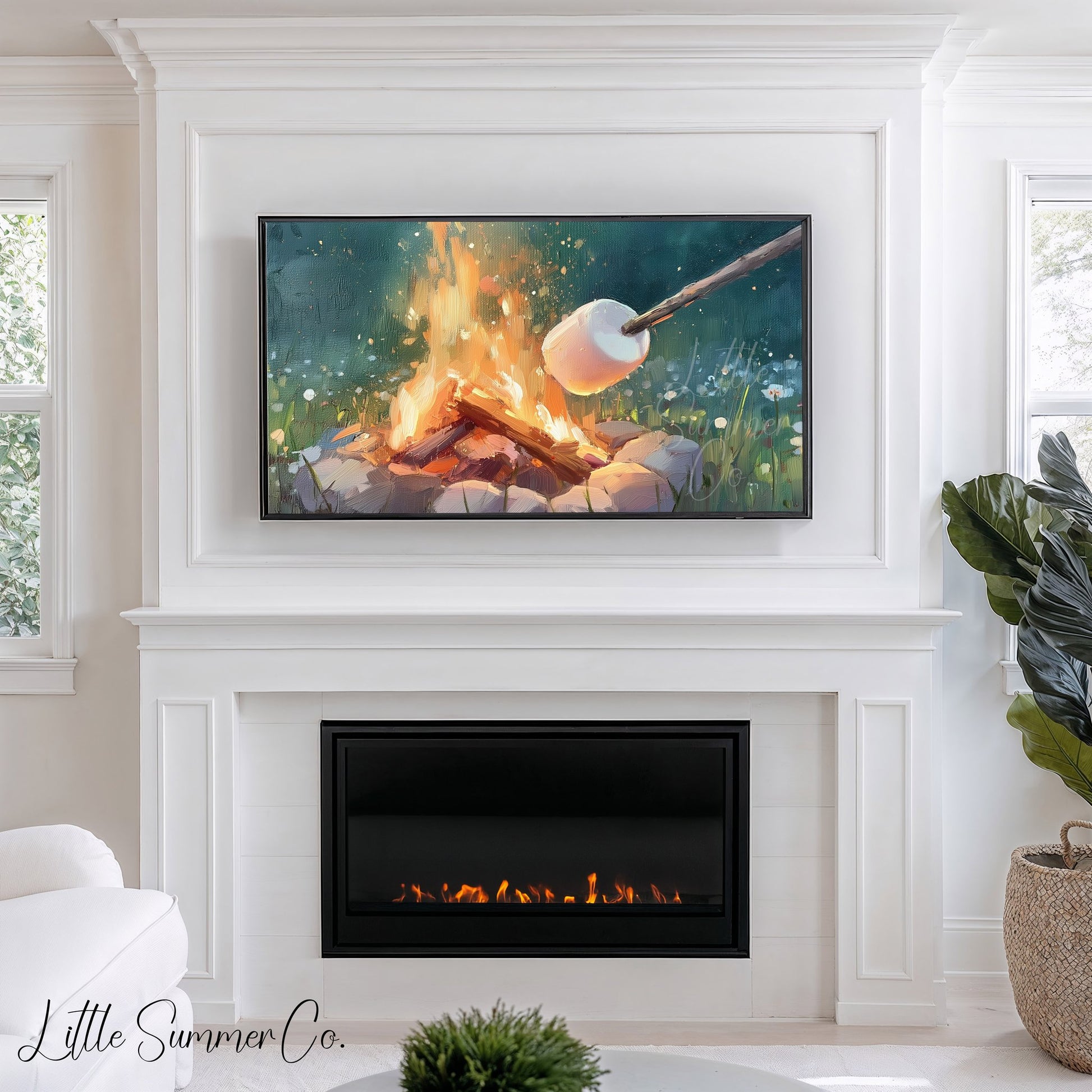 Campfire Marshmallow Toasting Frame TV Art displayed on a TV