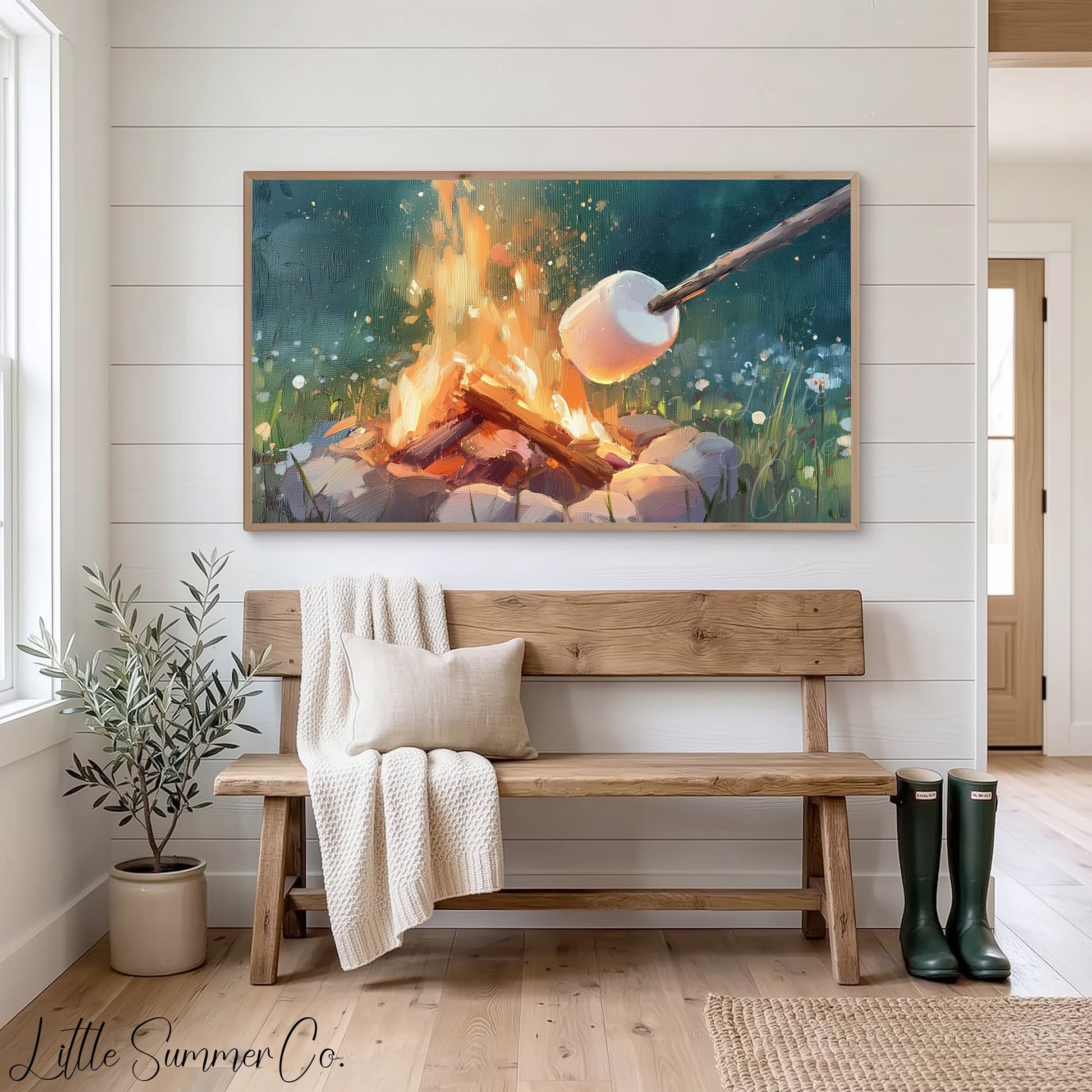 Campfire Marshmallow Toasting Frame TV Art displayed on a TV
