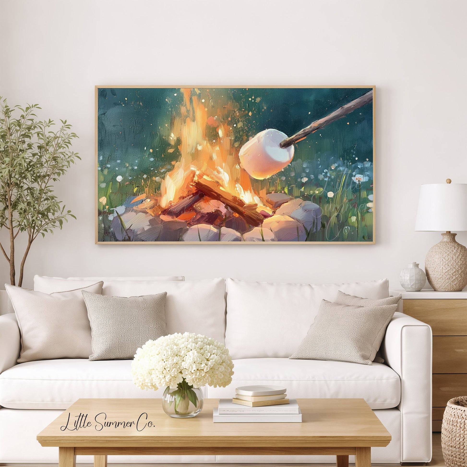 Campfire Marshmallow Toasting Frame TV Art displayed on a TV