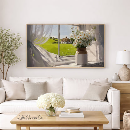 Daisies by Window Frame TV Art displayed on a TV
