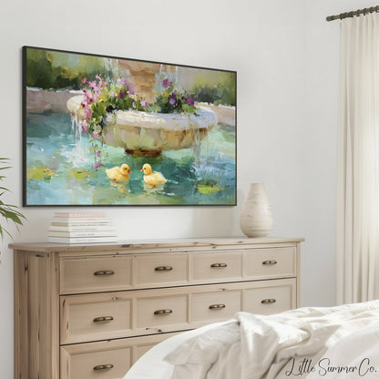 Fountain Ducklings Frame TV Art displayed on a TV