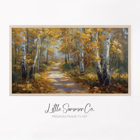 Golden Birch Forest Path Frame TV Art displayed on a TV