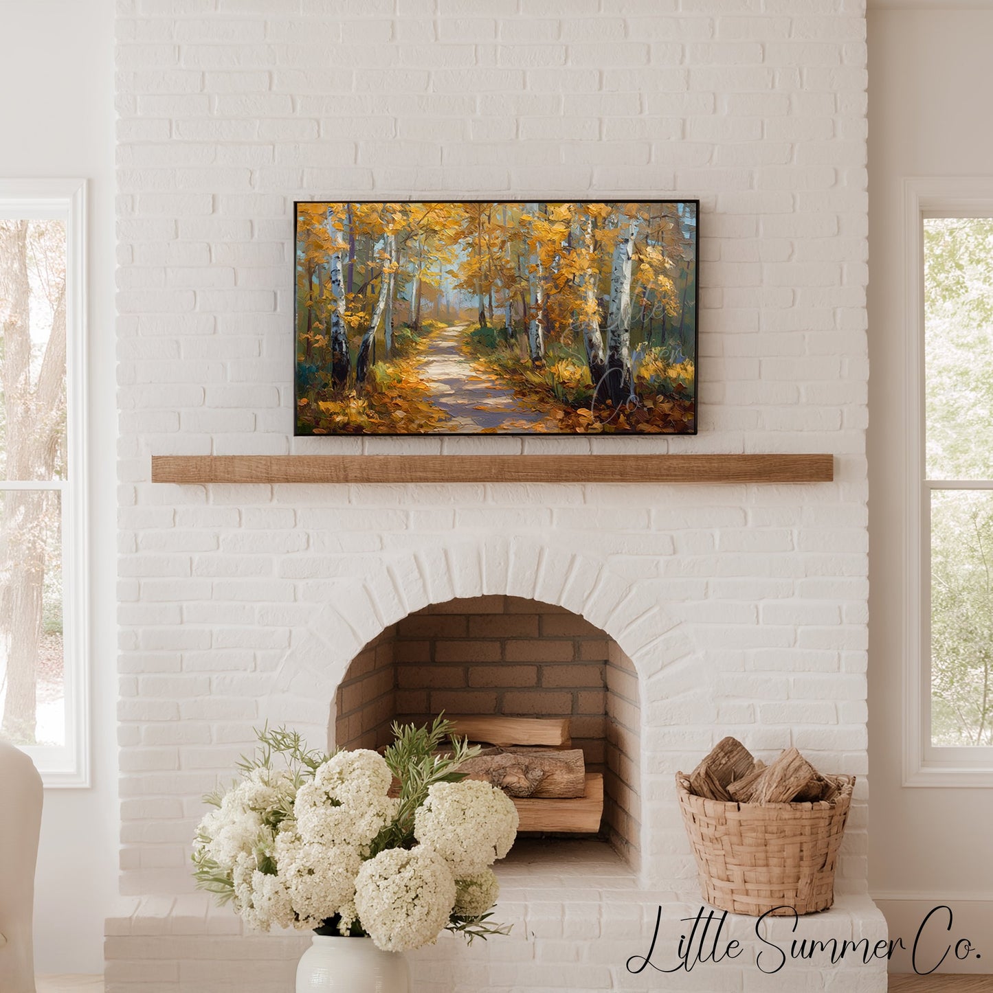 Golden Birch Forest Path Frame TV Art displayed on a TV