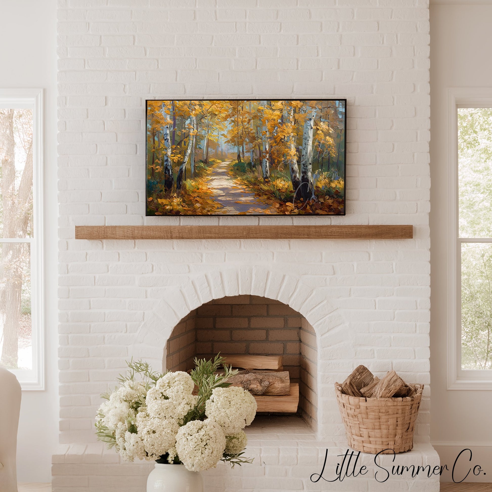 Golden Birch Forest Path Frame TV Art displayed on a TV