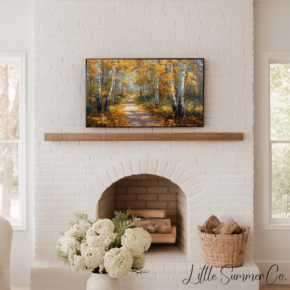 Golden Birch Forest Path Frame TV Art displayed on a TV