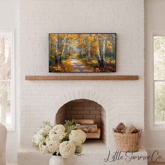 Golden Birch Forest Path Frame TV Art displayed on a TV