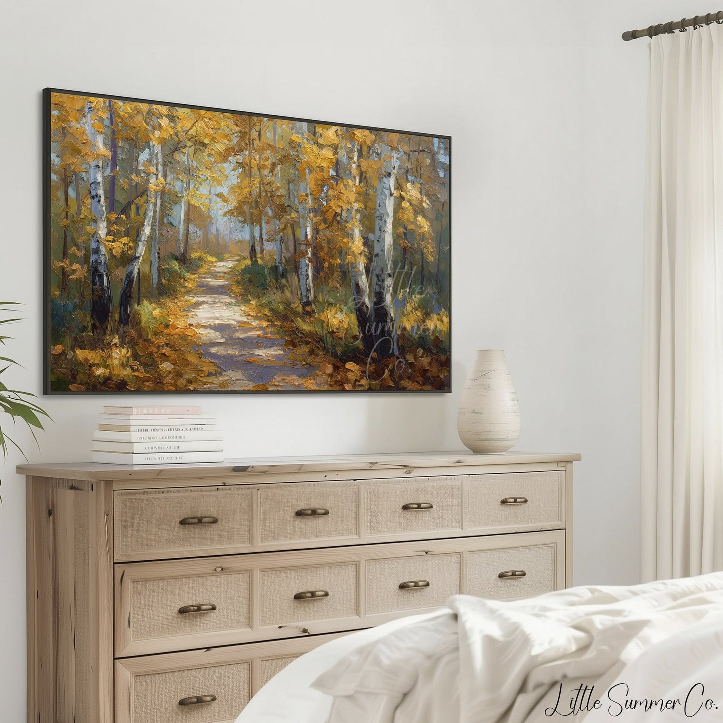 Golden Birch Forest Path Frame TV Art displayed on a TV