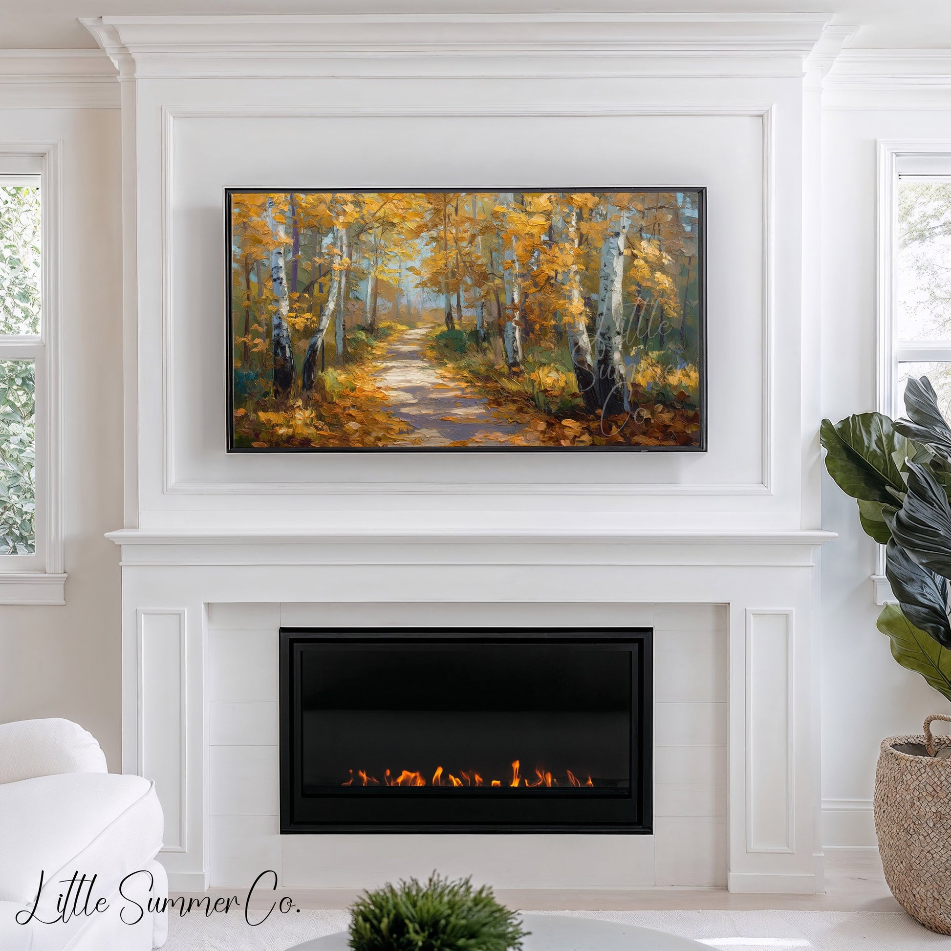 Golden Birch Forest Path Frame TV Art displayed on a TV