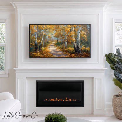 Golden Birch Forest Path Frame TV Art displayed on a TV