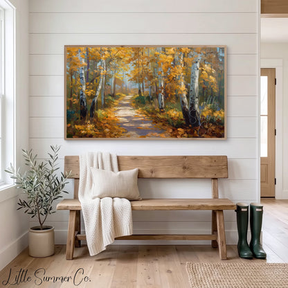 Golden Birch Forest Path Frame TV Art displayed on a TV