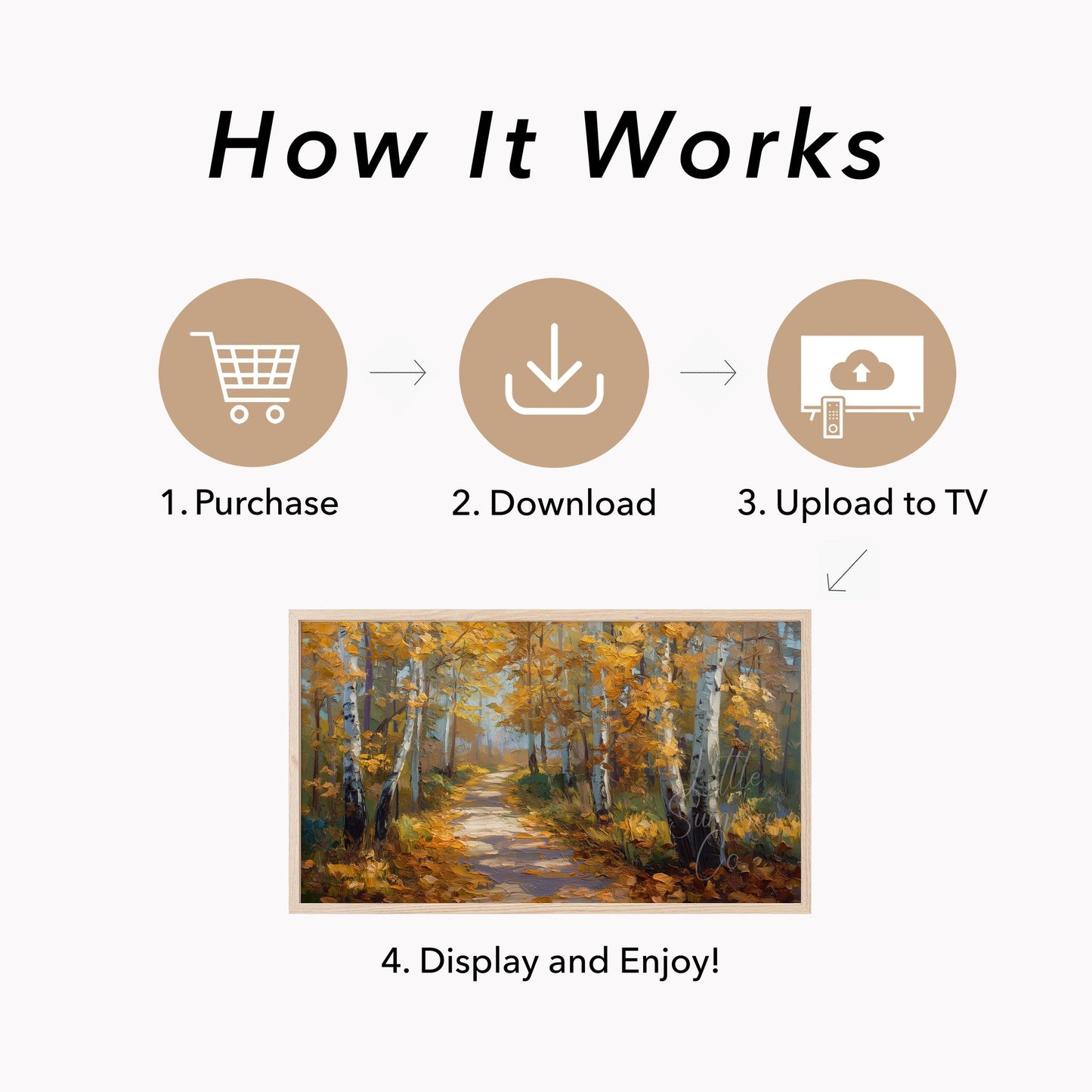 Golden Birch Forest Path Frame TV Art displayed on a TV