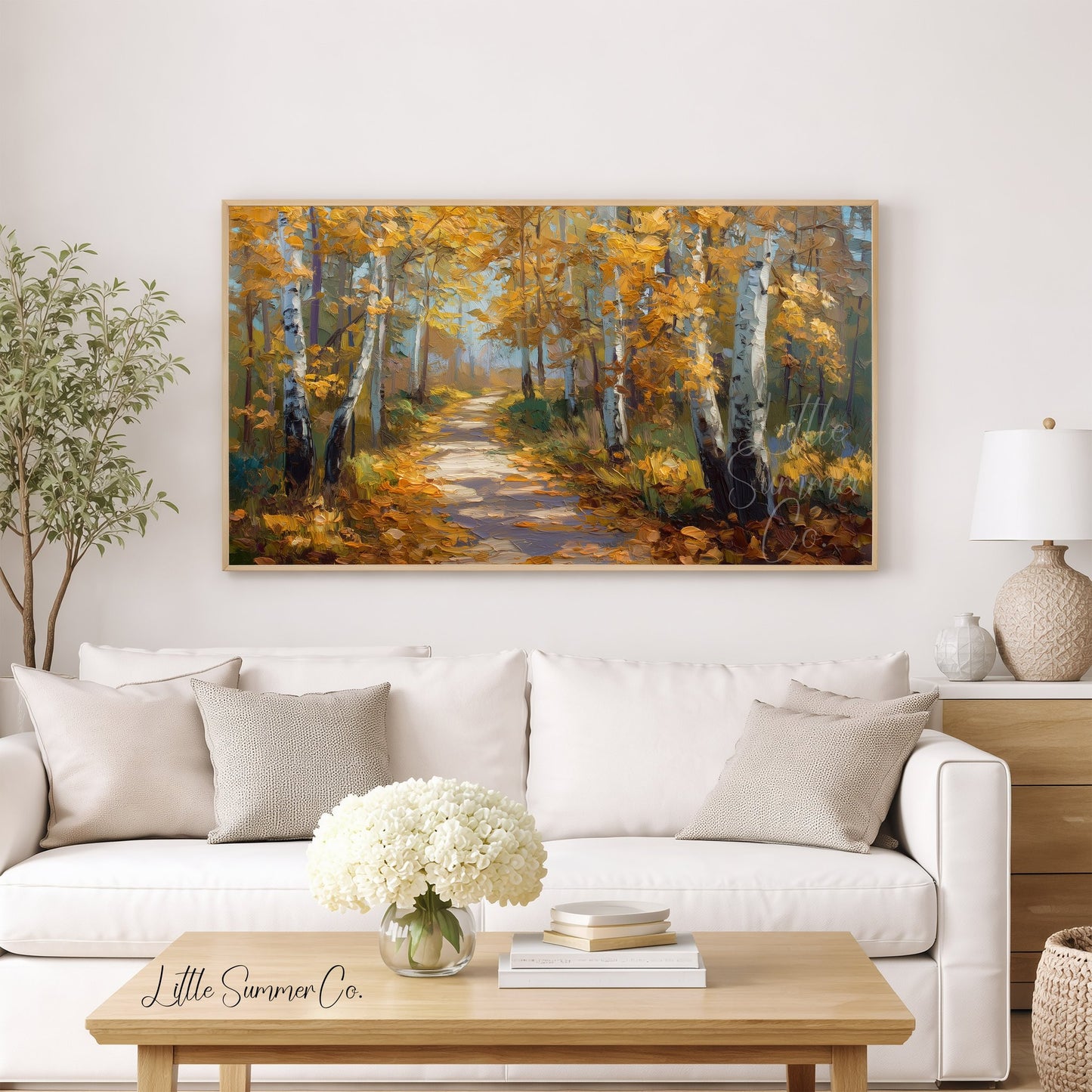 Golden Birch Forest Path Frame TV Art displayed on a TV
