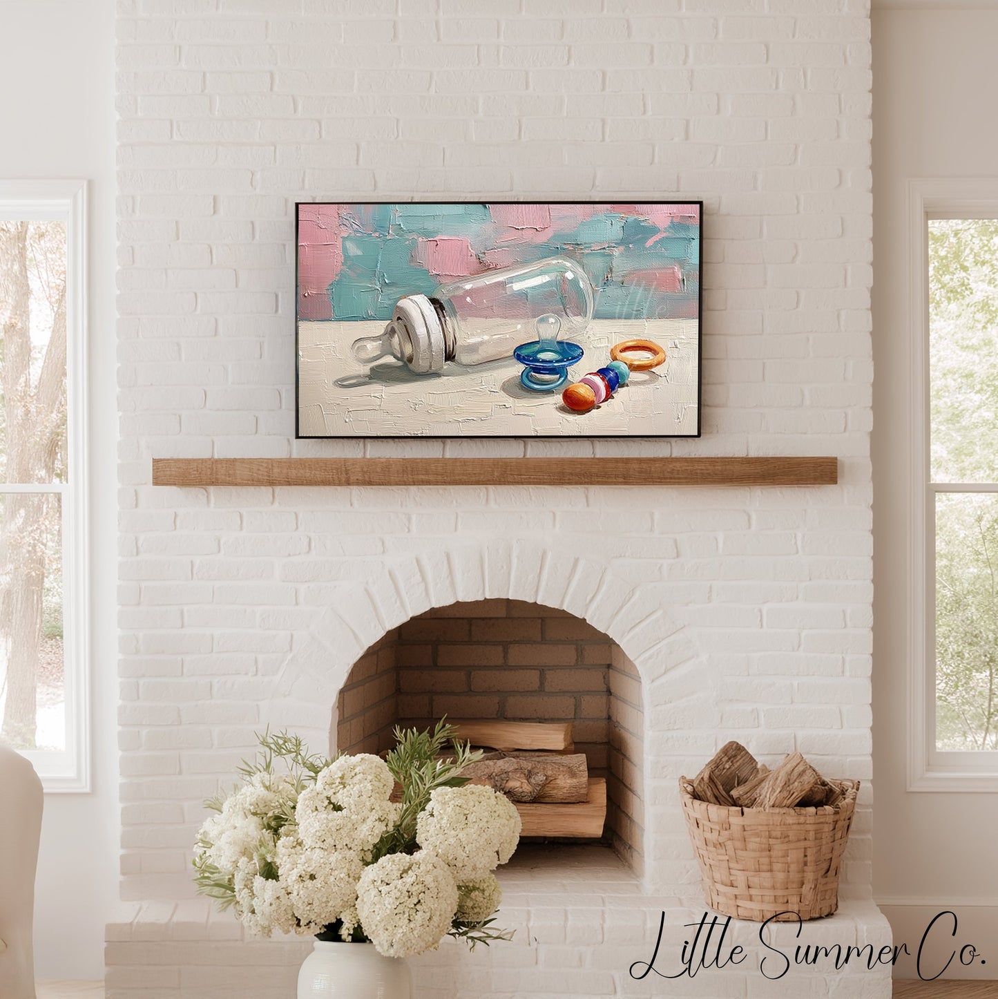 Baby Bottle and Rattle Frame TV Art displayed on a TV