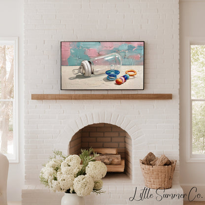 Baby Bottle and Rattle Frame TV Art displayed on a TV