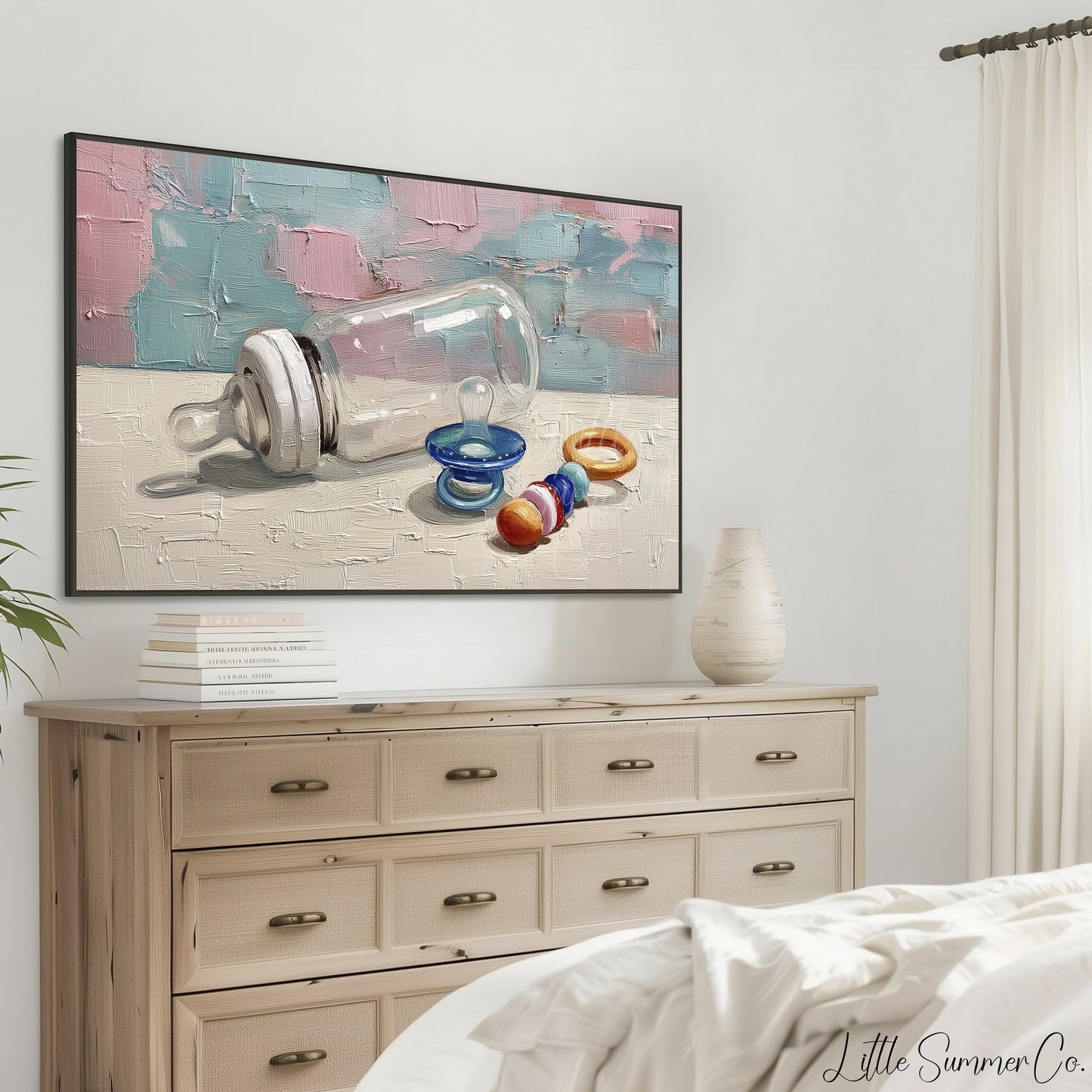Baby Bottle and Rattle Frame TV Art displayed on a TV