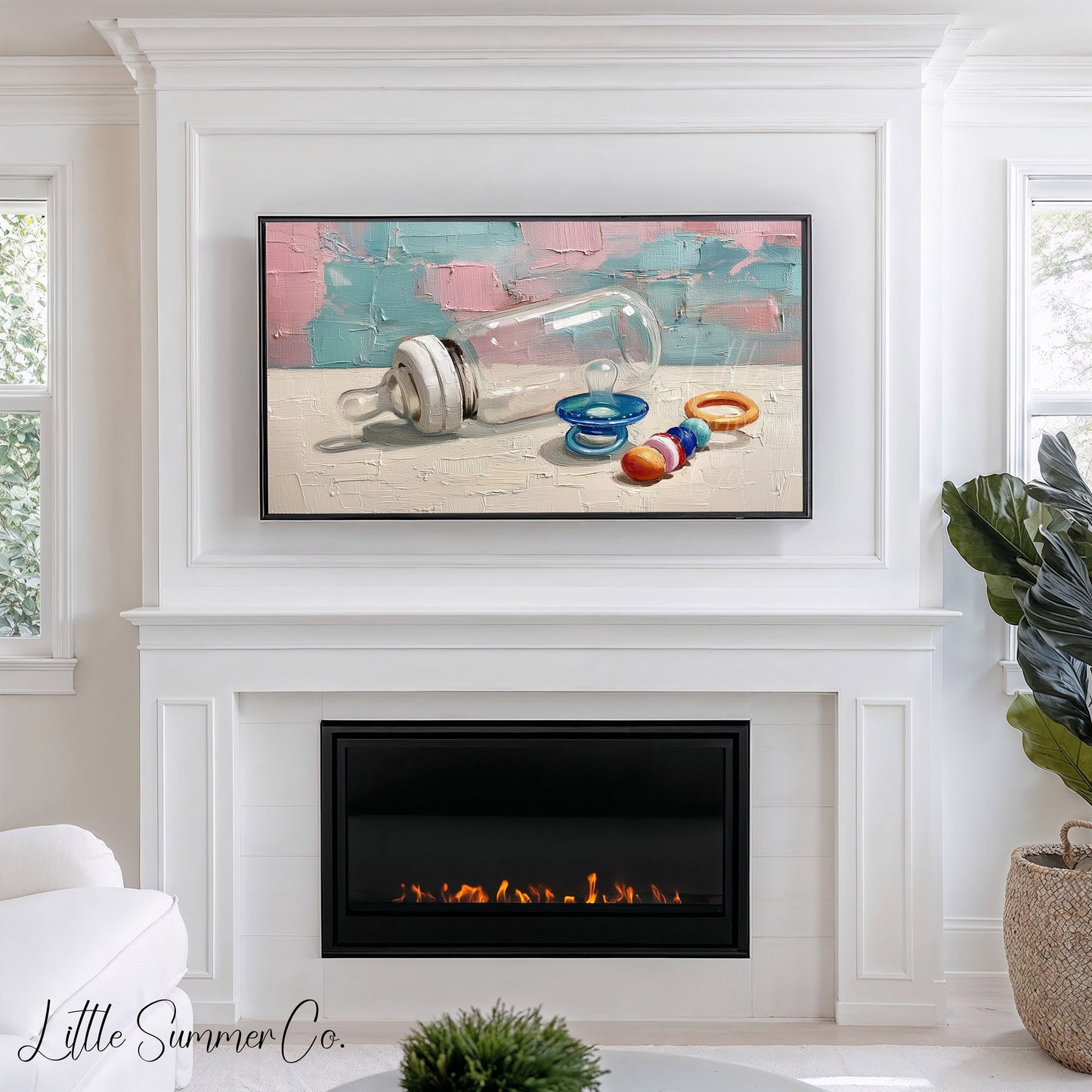 Baby Bottle and Rattle Frame TV Art displayed on a TV