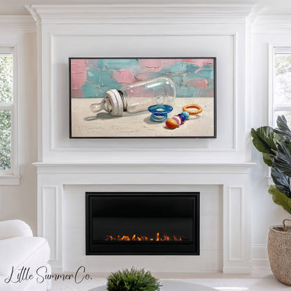 Baby Bottle and Rattle Frame TV Art displayed on a TV
