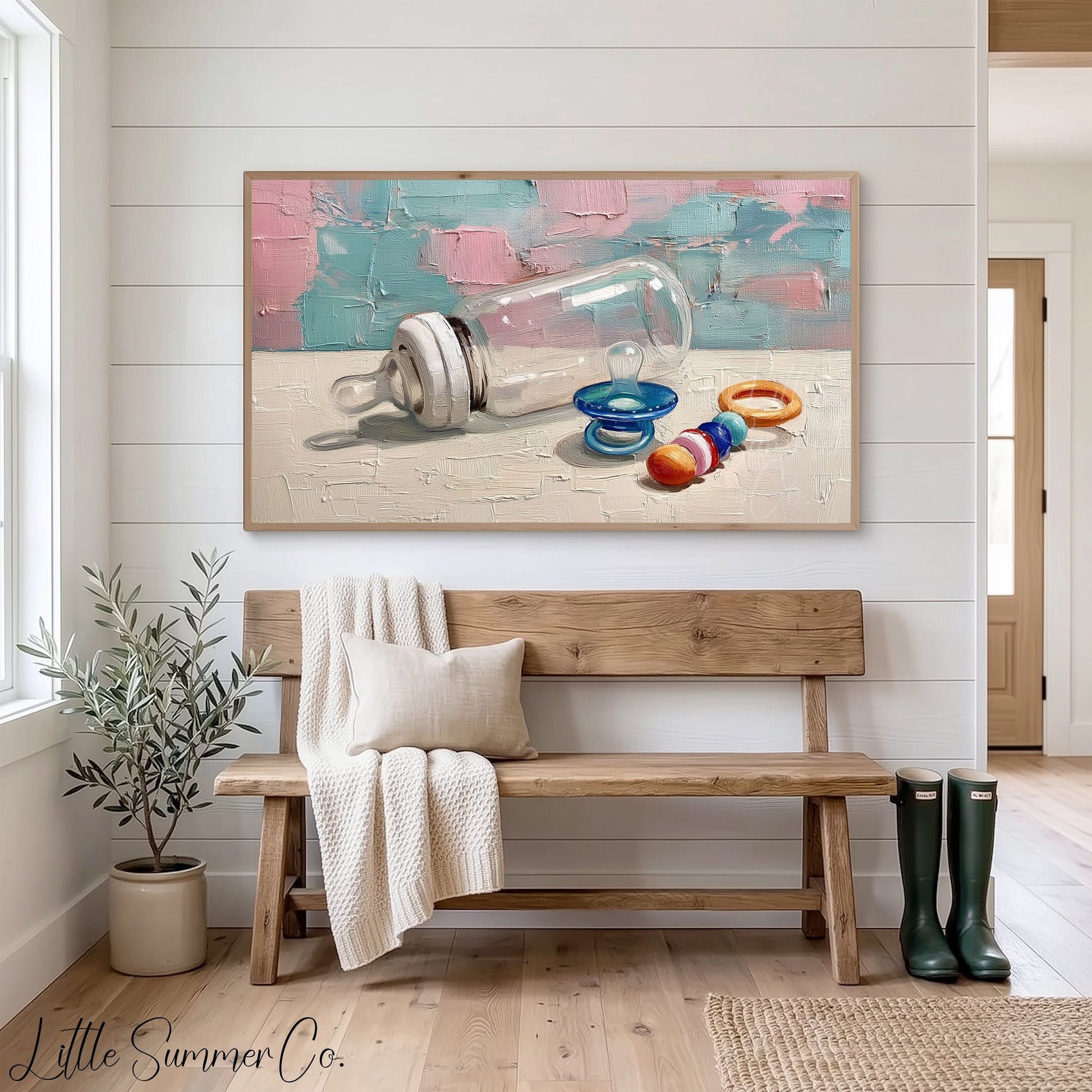 Baby Bottle and Rattle Frame TV Art displayed on a TV