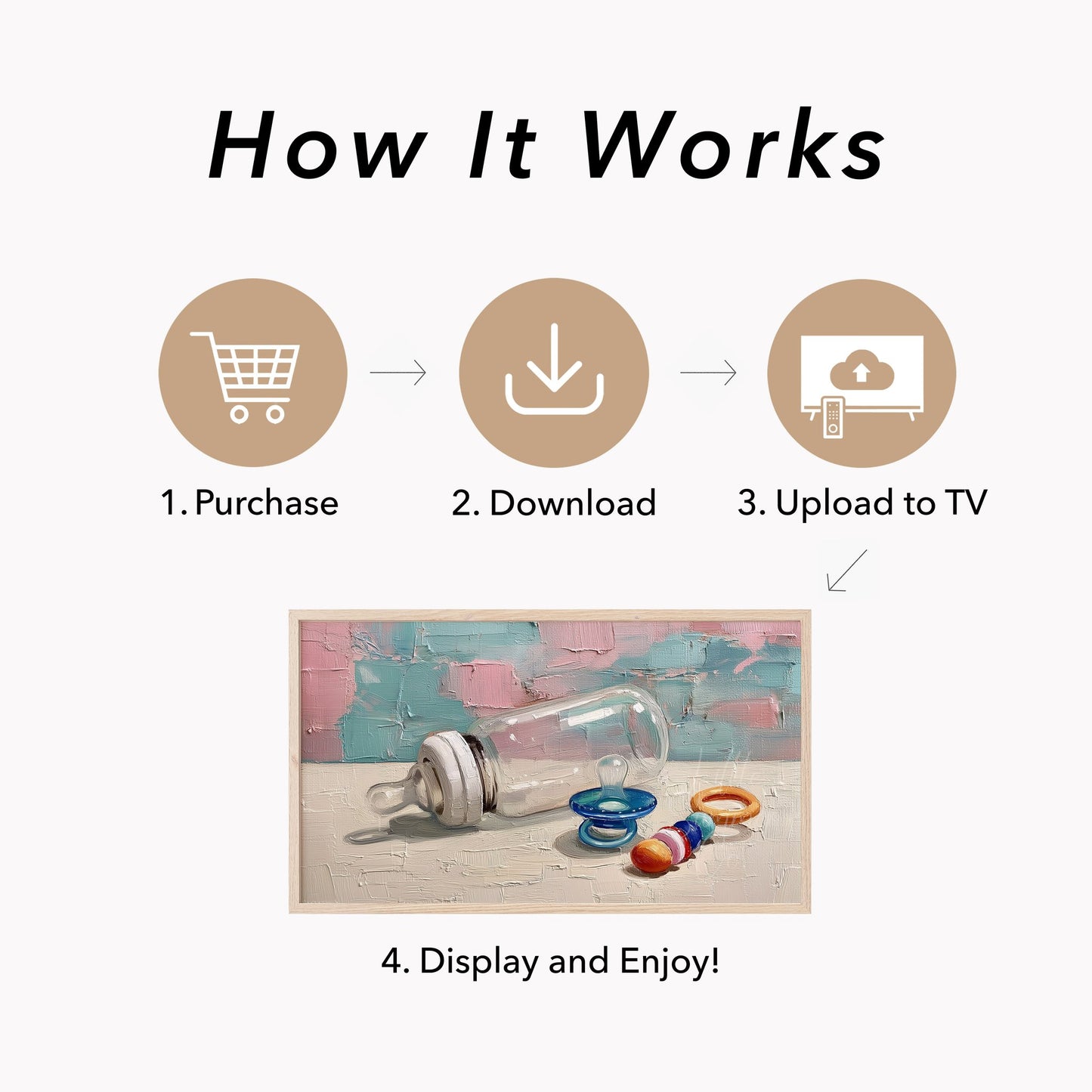 Baby Bottle and Rattle Frame TV Art displayed on a TV