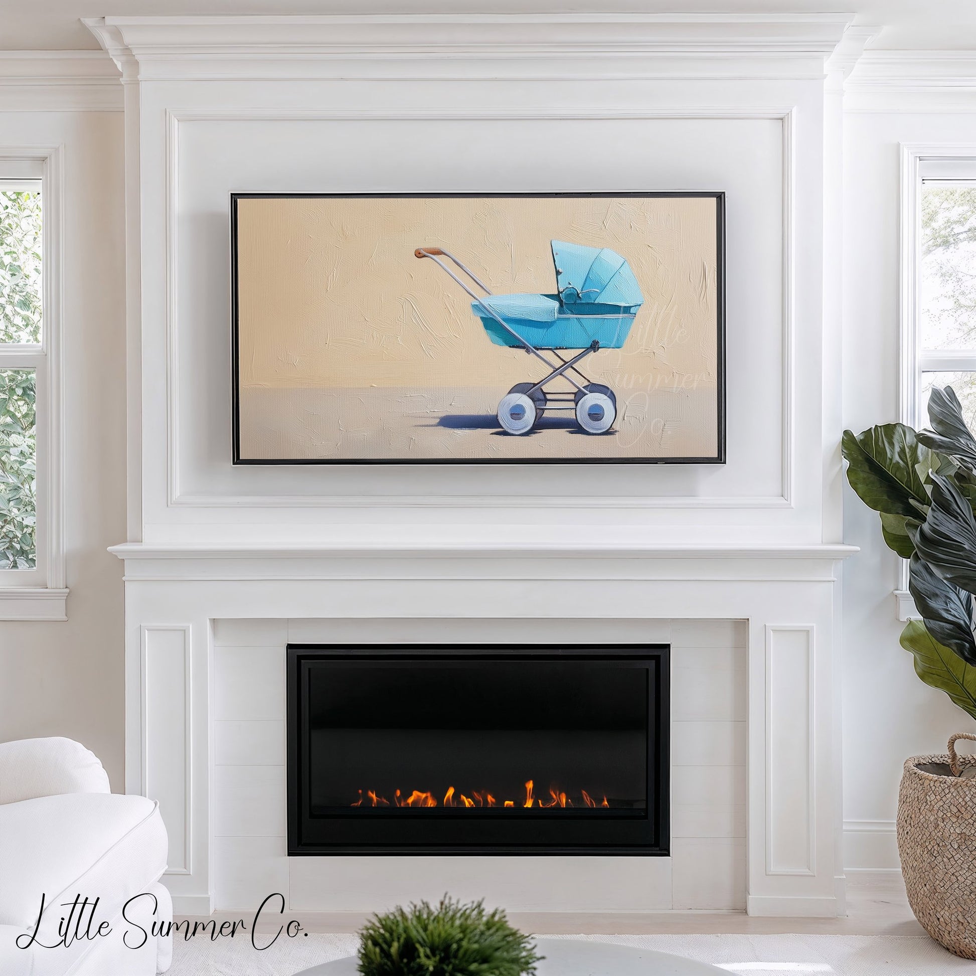 Blue Baby Pram Frame TV Art displayed on a TV