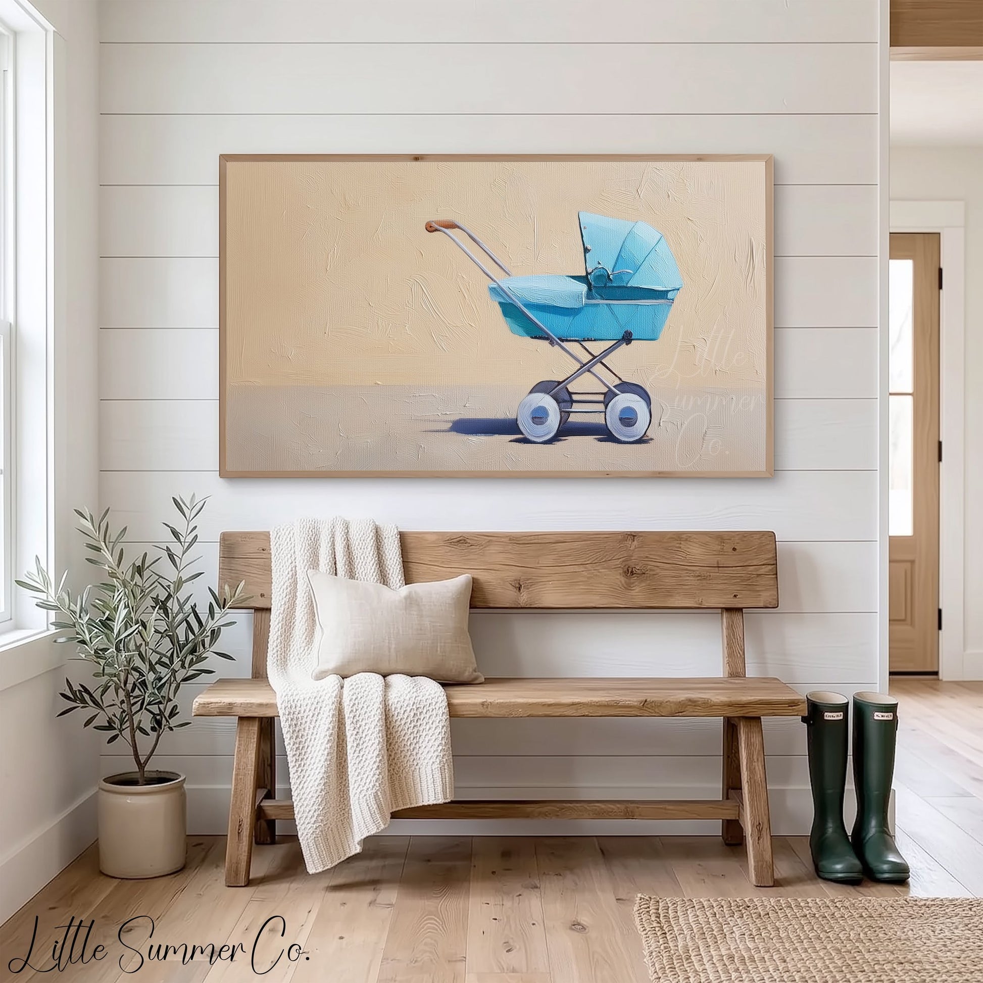 Blue Baby Pram Frame TV Art displayed on a TV