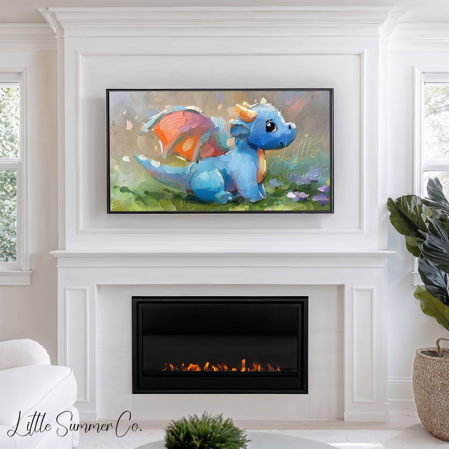Baby Blue Dragon Frame TV Art displayed on a TV