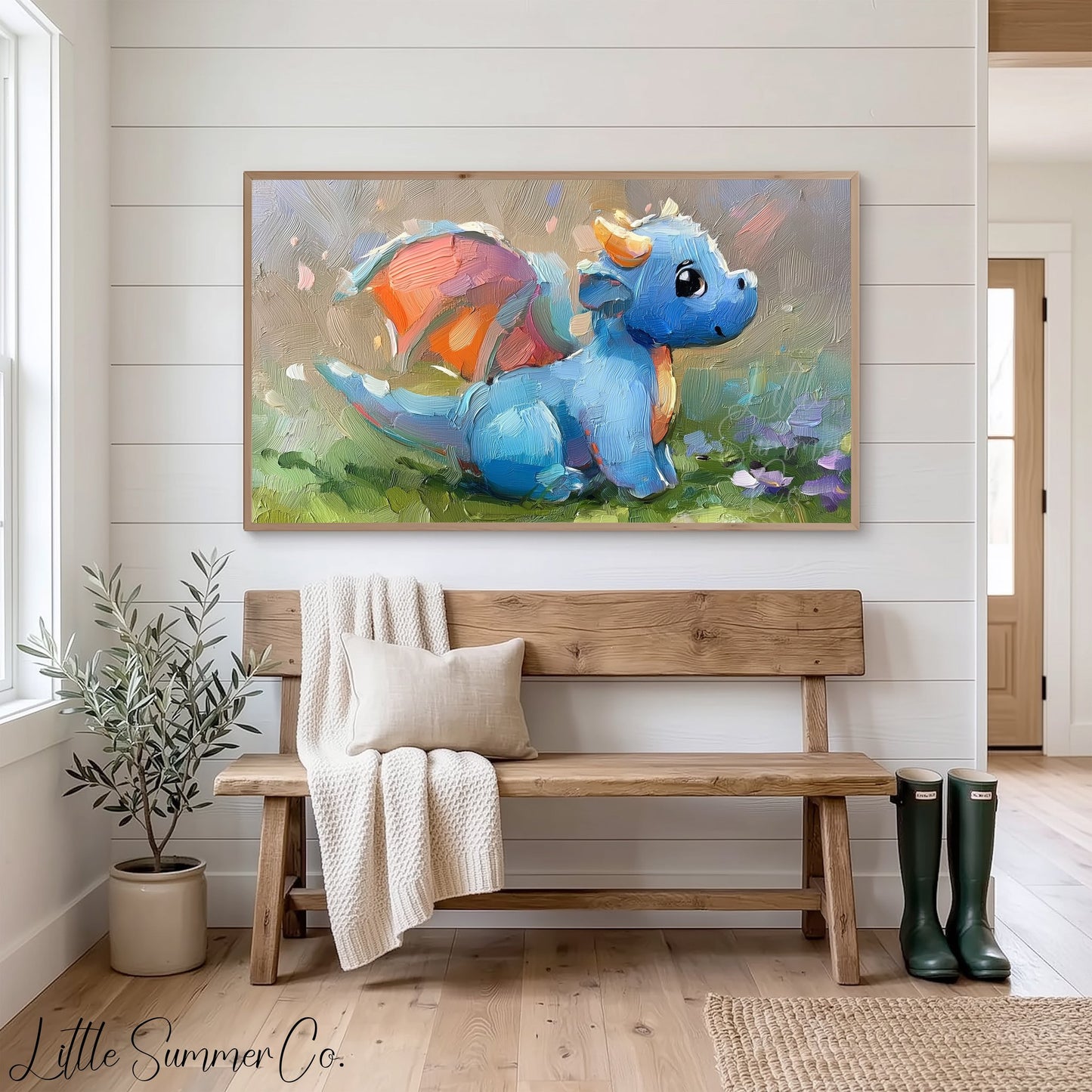Baby Blue Dragon Frame TV Art displayed on a TV