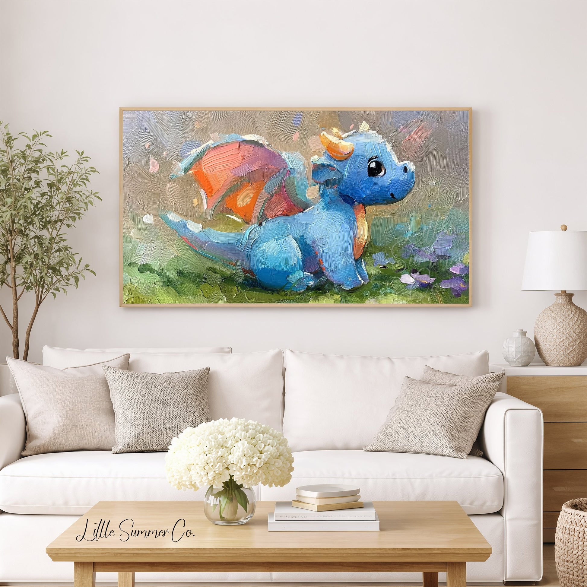 Baby Blue Dragon Frame TV Art displayed on a TV