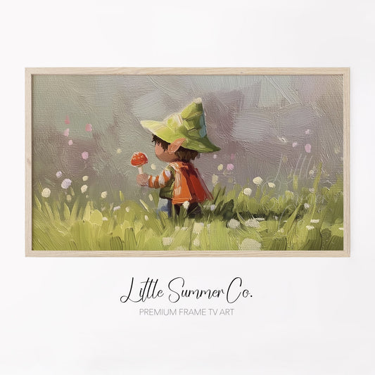 Woodland Child with Mushroom Frame TV Art displayed on a TV